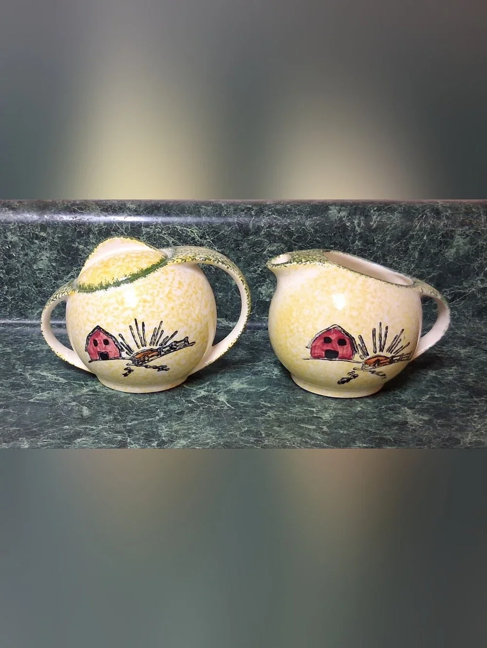 Blue RIdge Southern Potteries Sugar and Creamer Set Red Barn with Sunrise